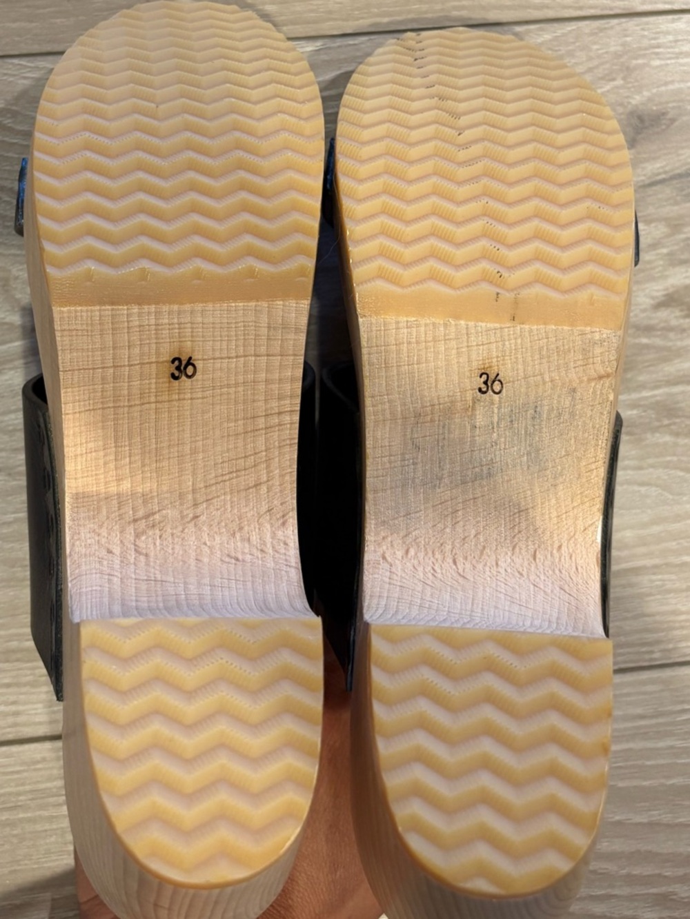 Anthropologie Black Leather Two-Band Wooden Clog Sandals - Picture 9 of 10